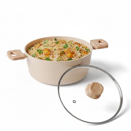 Lifelong Forged Casserole 24 cm with Non-Riveted Wooden Handle & Glass Lid | Ceramic Coated | 4.4L Capacity Serves 5–6 | for Curries, Dal & Pulao | Induction & Gas Compatible | PFOA-Free Non-Stick - Image 1