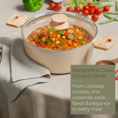 Lifelong Forged Casserole 24 cm with Non-Riveted Wooden Handle & Glass Lid | Ceramic Coated | 4.4L Capacity Serves 5–6 | for Curries, Dal & Pulao | Induction & Gas Compatible | PFOA-Free Non-Stick - Image 3
