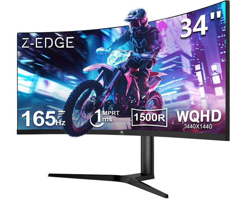 Z Z-Edge شاشة الألعاب المنحنية Z-Edge UG34 34 بوصة عريضة للغاية بدقة 2K بمعدل تحديث 165 هرتز، نسبة عرض إلى ارتفاع 21:9، زمن استجابة 1 مللي ثانية، دقة 3440x1440، انحناء 1500R، لوحة VA، زوايا رؤية 178، تقنية AMD Freesync - Image 1
