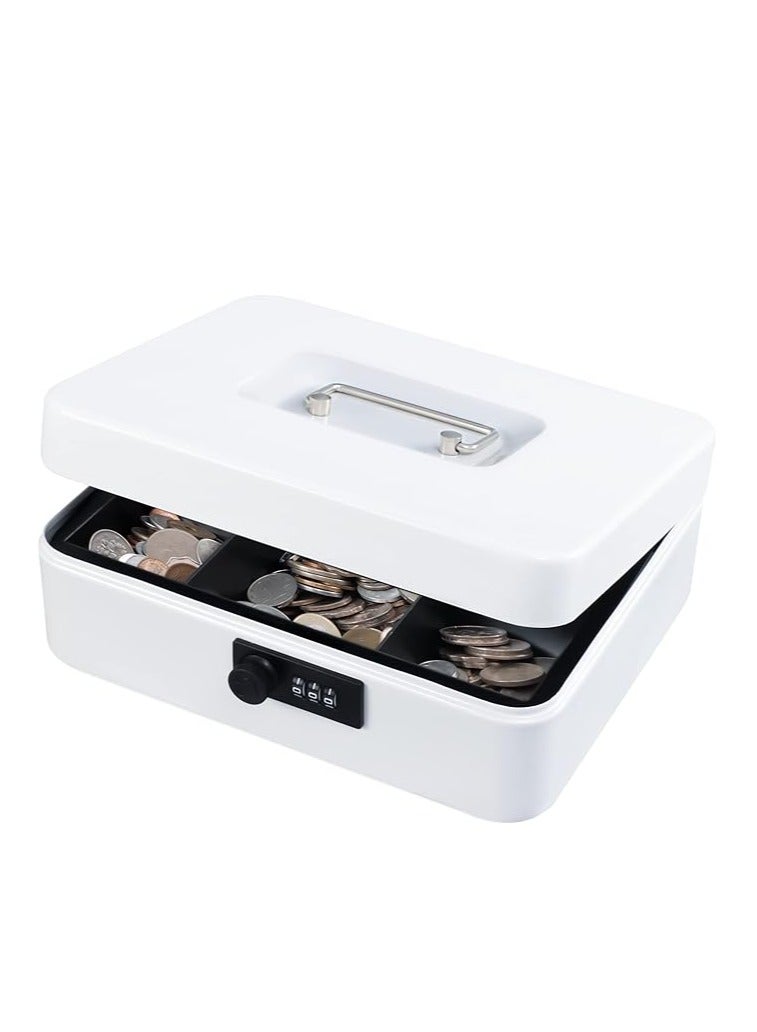 Arabest Large Cash Box with Combination Lock,Safe Metal Box for Money, Storage Lock Box with Money Tray,9.84"x 7.87"x 3.54" White Large - Image 1