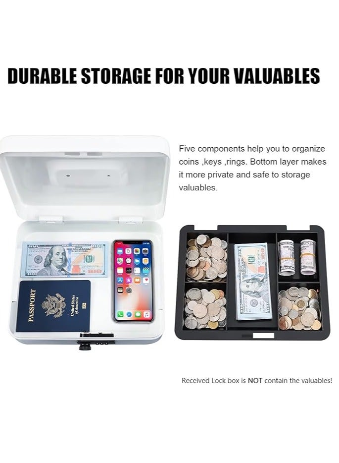 Arabest Large Cash Box with Combination Lock,Safe Metal Box for Money, Storage Lock Box with Money Tray,9.84"x 7.87"x 3.54" White Large - Image 3