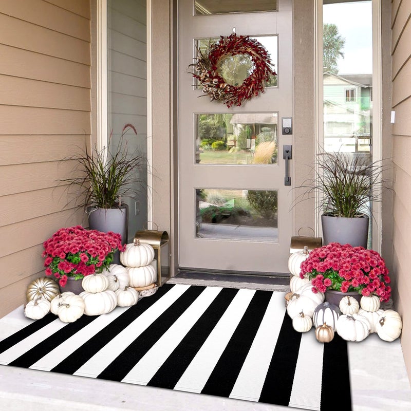 IOHOUZE Black White Striped Rug -3x5 Front Door Mats Outdoor,Washable Rug for Front Porch Decor,Spring Summer Welcome Mats Outdoor Indoor, Doormat for Farmhouse/Entryway/Home Entrance - Image 1