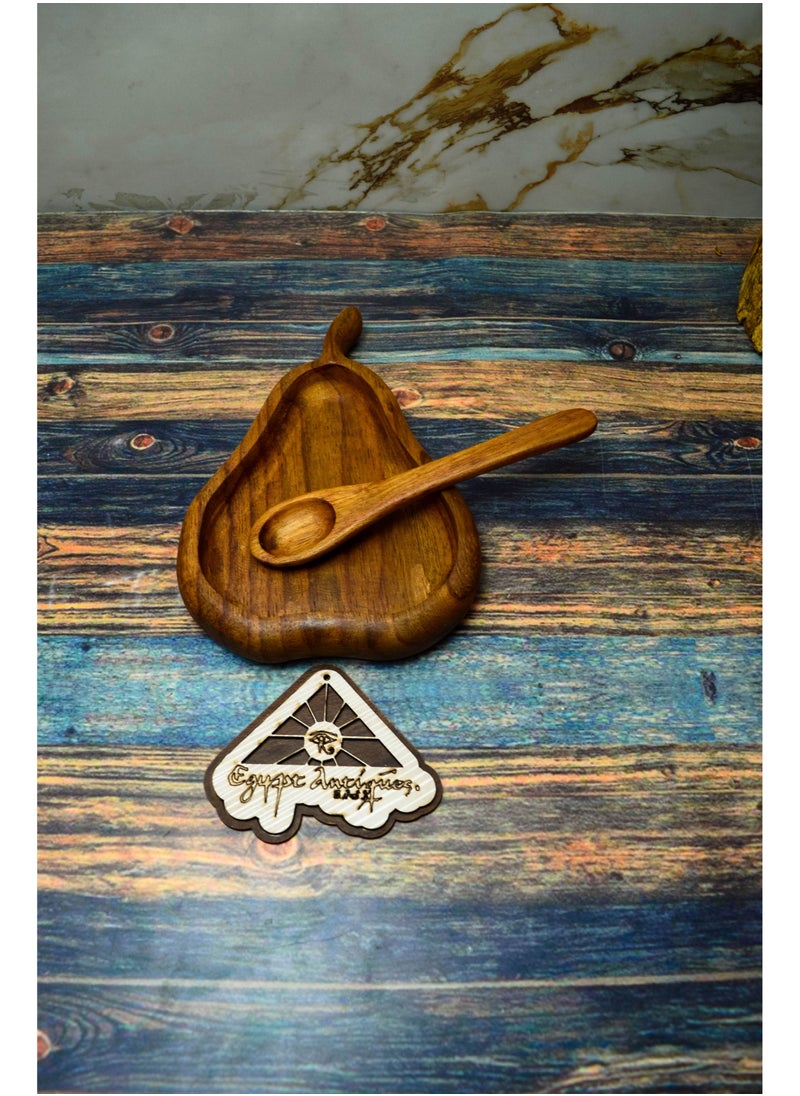 Egypt Antiques Children's snack or pear-shaped dish + wooden spoon, handmade, 100% natural colors, treated with olive oil  - Image 3
