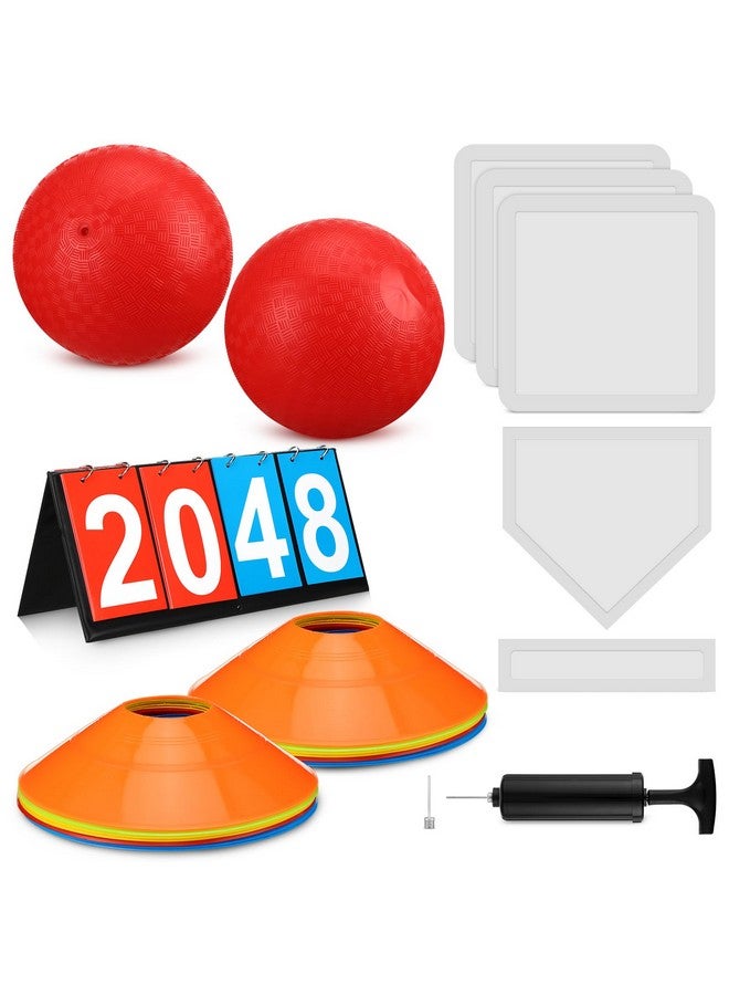 Poen 19 Pcs Sports Kickball Set, Including 2 Pcs 10 Inch Playground Ball with Air Pump 5 Pcs Rubber Bases 10 Pcs Foul Marker Discs and a Flip Scoreboard for Kids Adults Boy Girl Outdoor Backyard Game - Image 1