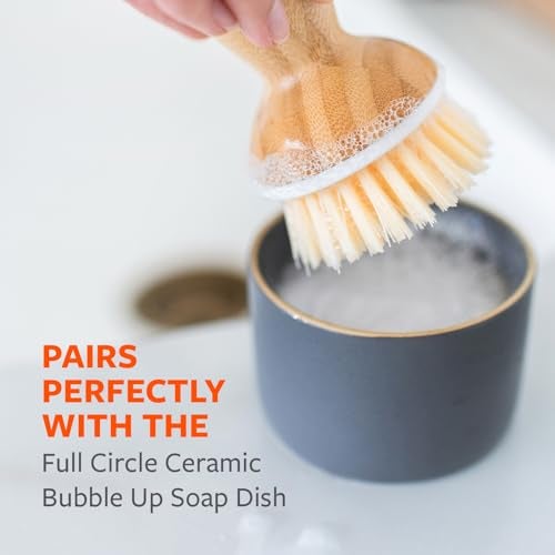 Full Circle Bubble Up Bamboo Dish Brush–Family Safe, Formaldehyde-Free– Ergonomic Palm Scrubber with Handle for Kitchen Cleaning, Dish Scrub Brush for Nonstick, Cast Iron & Sink,White - Image 2
