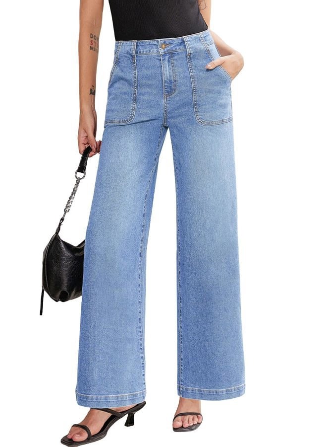 Sidefeel Womens Wide Leg Jeans High Waisted Baggy Jeans Stretchy Straight Leg Denim Pants with Front Pockets, Iceland Blue, 12 - Image 1