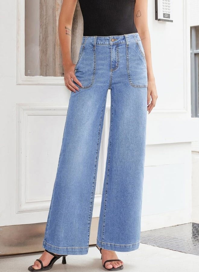 Sidefeel Womens Wide Leg Jeans High Waisted Baggy Jeans Stretchy Straight Leg Denim Pants with Front Pockets, Iceland Blue, 12 - Image 4