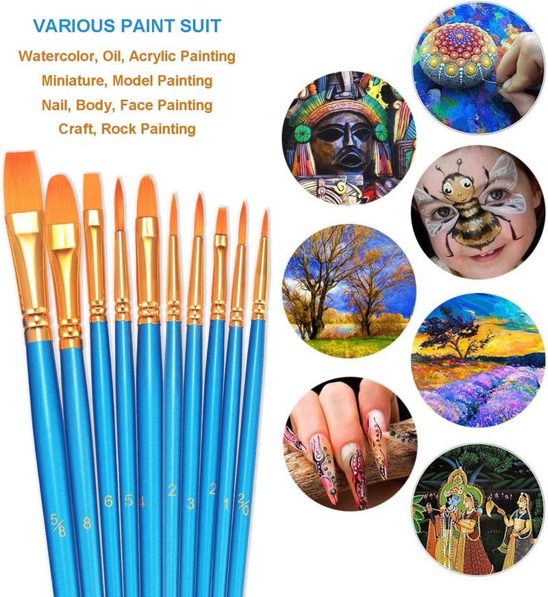 BOSOBO Paint Brushes Set, 2 Pack 20 Pcs Round-Pointed Tip Paintbrushes Nylon Hair Artist Acrylic Paint Brushes for Acrylic Oil Watercolor, Face Nail Art, Miniature Detailing & Rock Painting, Blue - Image 3