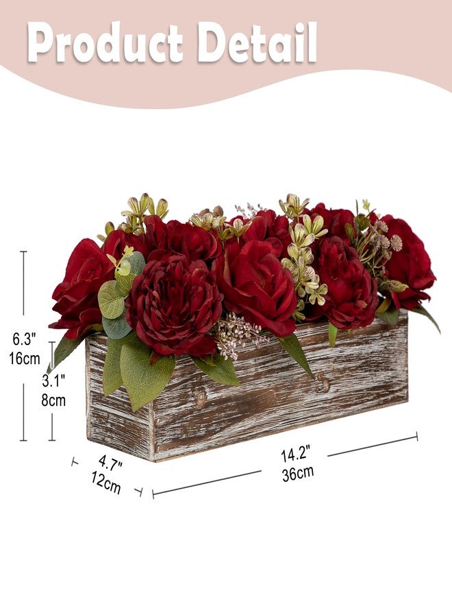 DILATATA Flower Arrangement with Wooden Vase 14" Artificial Flowers in Pot - Fake Flowers Roses Peonies Hydrangeas in Wooden Vase Potted Artificial Flower Centerpieces for Table Decor Living Room - Red - Image 2