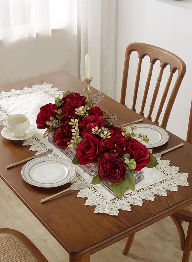 DILATATA Flower Arrangement with Wooden Vase 14" Artificial Flowers in Pot - Fake Flowers Roses Peonies Hydrangeas in Wooden Vase Potted Artificial Flower Centerpieces for Table Decor Living Room - Red - Image 5
