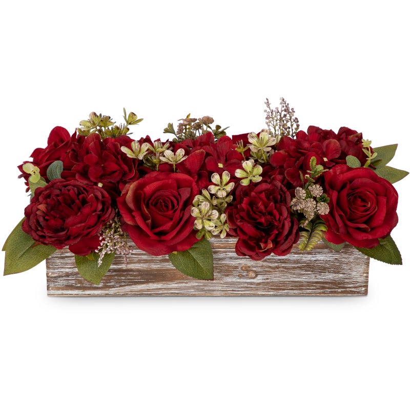 DILATATA Flower Arrangement with Wooden Vase 14" Artificial Flowers in Pot - Fake Flowers Roses Peonies Hydrangeas in Wooden Vase Potted Artificial Flower Centerpieces for Table Decor Living Room - Red - Image 1