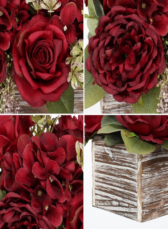 DILATATA Flower Arrangement with Wooden Vase 14" Artificial Flowers in Pot - Fake Flowers Roses Peonies Hydrangeas in Wooden Vase Potted Artificial Flower Centerpieces for Table Decor Living Room - Red - Image 3