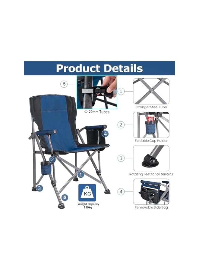 PROMASS Camping Chair, Portable Folding Beach Chair, Garden Chair Heavy Duty Support 150kg Steel Frame Collapsible Padded Arm Chair with Side Pocket and Cup Holder with Carrying Bag, Portable for Outdoor - Image 4