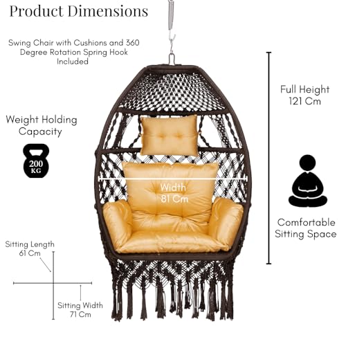 Patiofy Premium Foldable Egg Chair/Swing Chair for Adults/Hammock Hanging Swing for Balcony, Indoor & Outdoor/Hanging Jhula with Free Sitting Cushion & Hanging Kit/ 200Kgs Weight Capacity-Brown - Image 2