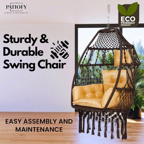 Patiofy Premium Foldable Egg Chair/Swing Chair for Adults/Hammock Hanging Swing for Balcony, Indoor & Outdoor/Hanging Jhula with Free Sitting Cushion & Hanging Kit/ 200Kgs Weight Capacity-Brown - Image 3