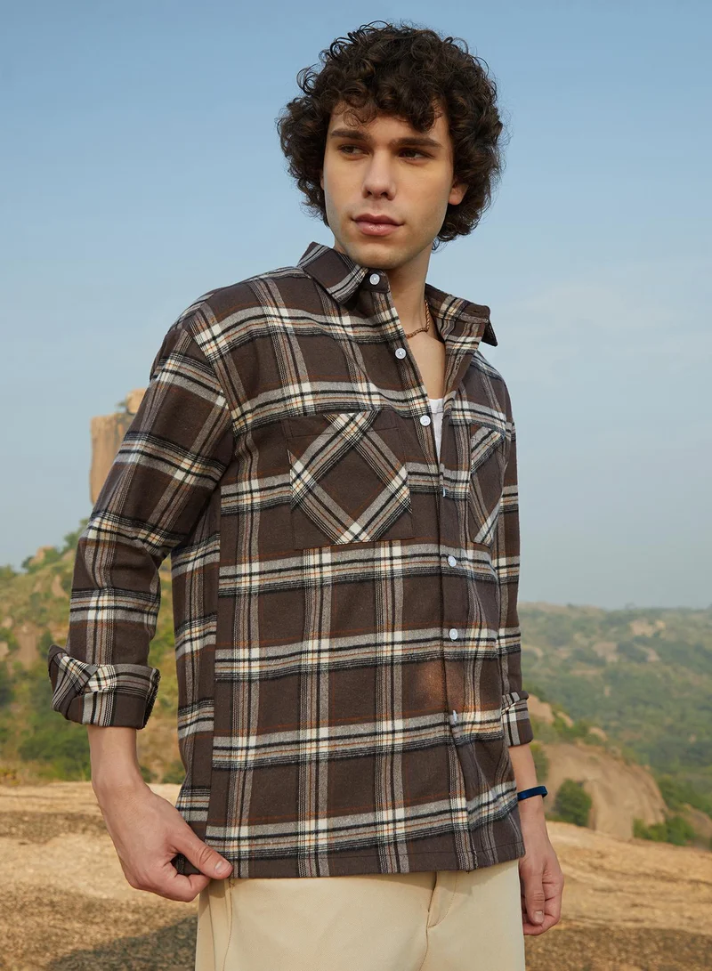 Campus Sutra Men's Coffee Brown Tartan Utility Shacket