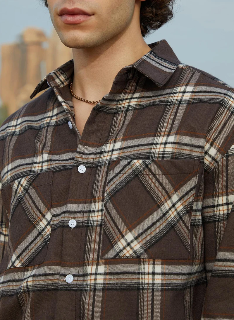 Campus Sutra Men's Coffee Brown Tartan Utility Shacket