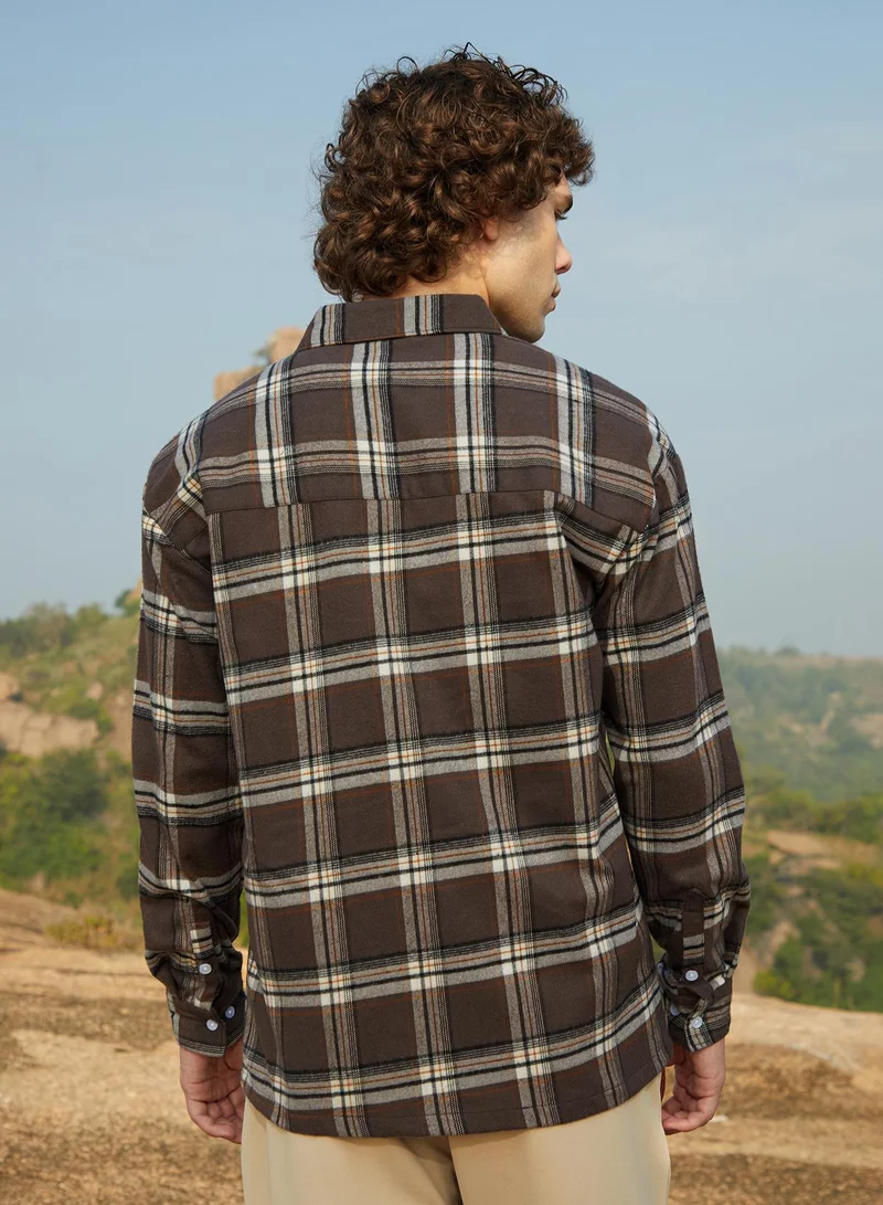 Campus Sutra Men's Coffee Brown Tartan Utility Shacket