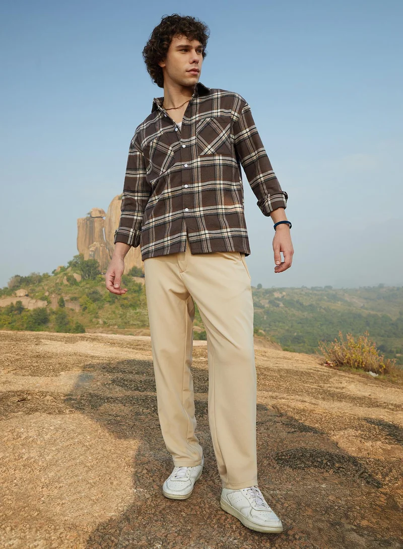 Campus Sutra Men's Coffee Brown Tartan Utility Shacket