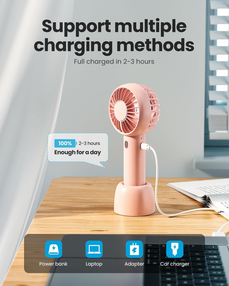 Gaiatop Mini Portable Fan, Powerful Hand Fan Cute Design 3 Speed Personal Small Desk Fan With Base, Lightweight Rechargeable Usb Handheld Fan For Girl, Women, Men, Indoor, Outdoor, 15 Cm, Pink - Image 2