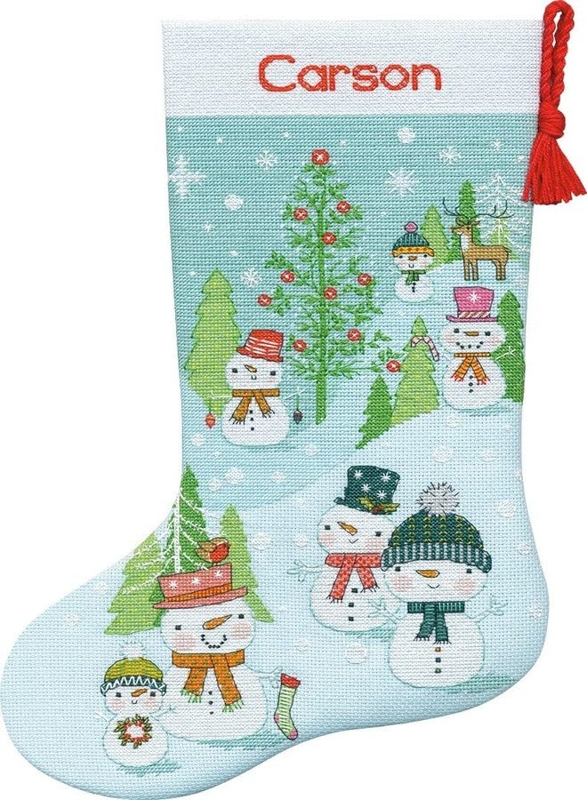 Dimensions 70-08996 Snowman Family DIY Personalizable Christmas Cross Stitch Stocking Kit, 16" L, 14 Count Light Blue Aida, Multicolor - Image 4