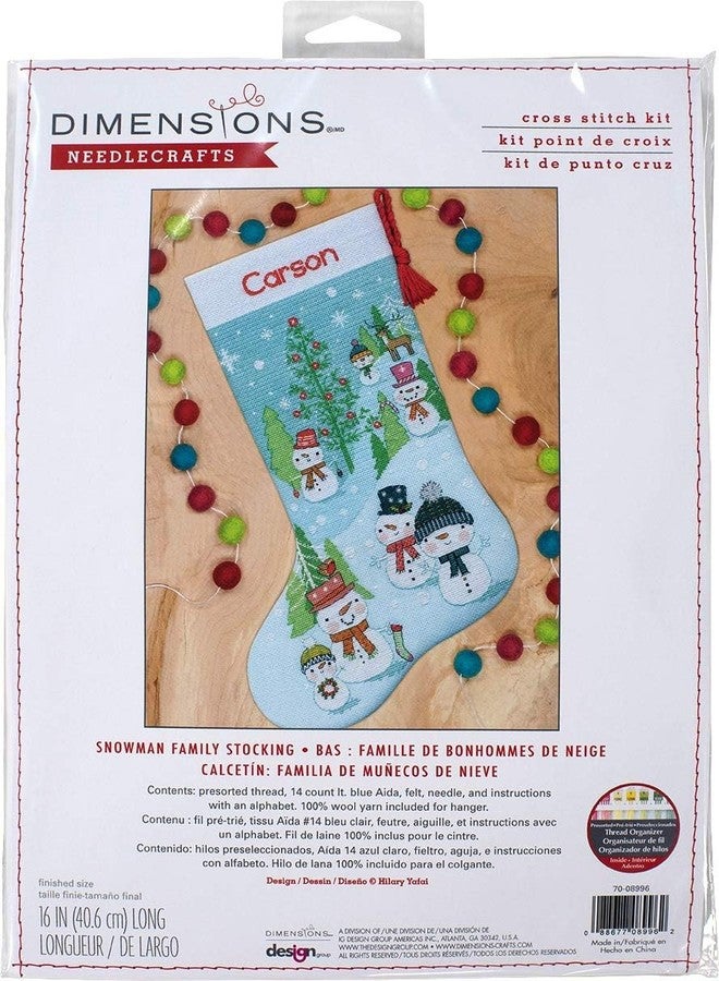 Dimensions 70-08996 Snowman Family DIY Personalizable Christmas Cross Stitch Stocking Kit, 16" L, 14 Count Light Blue Aida, Multicolor - Image 1