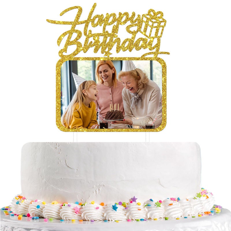 Happy Birthday Cake Topper with Photo Frame Girl Boy Woman Man Birthday Photo Picture Cake Topper Anniversary Party Cake Decorations Gold Glitter