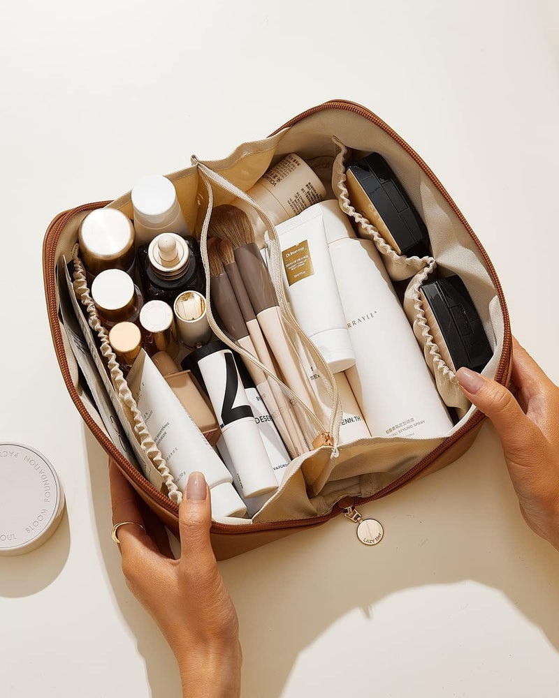 BLAGO Large Capacity Cosmetic Travel Bag Womens Makeup Travel Bag Portable Leather Cosmetics Bag Makeup Storage Bags with Handle and Divider Wide Opening CosmeticMakeup Organizer Bags - Image 4