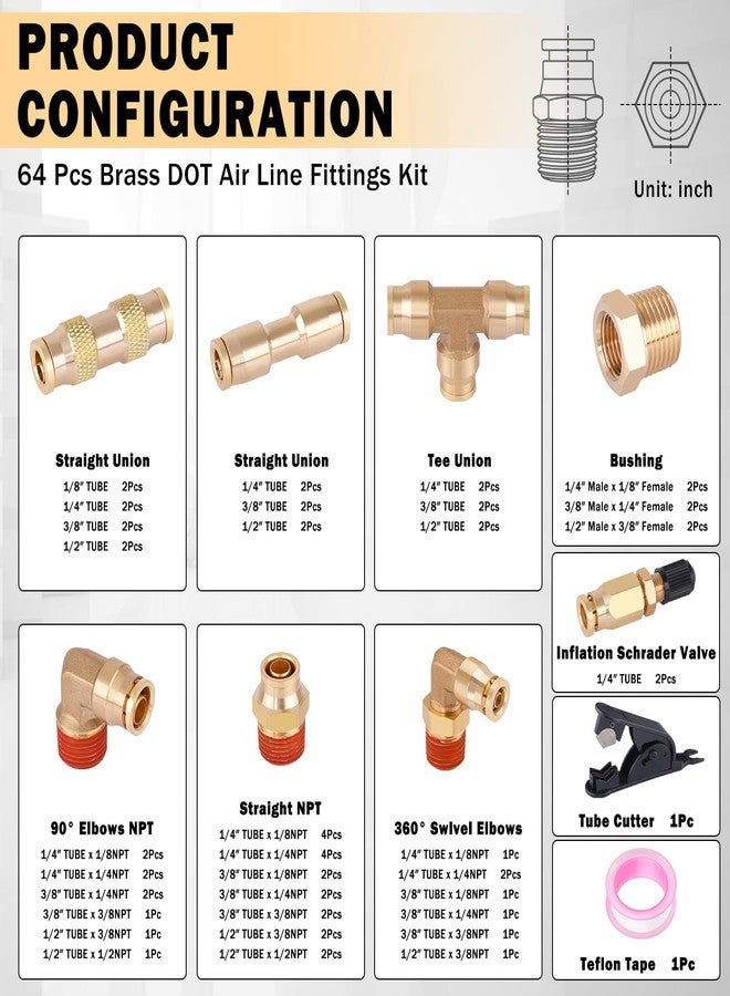 CheeMuii 64 Pcs Brass DOT Air Line Fittings Kit Push Lock & Quick Connect Fittings NPT Thread for Air Line Air Hose Pneumatic Tubing - Image 2