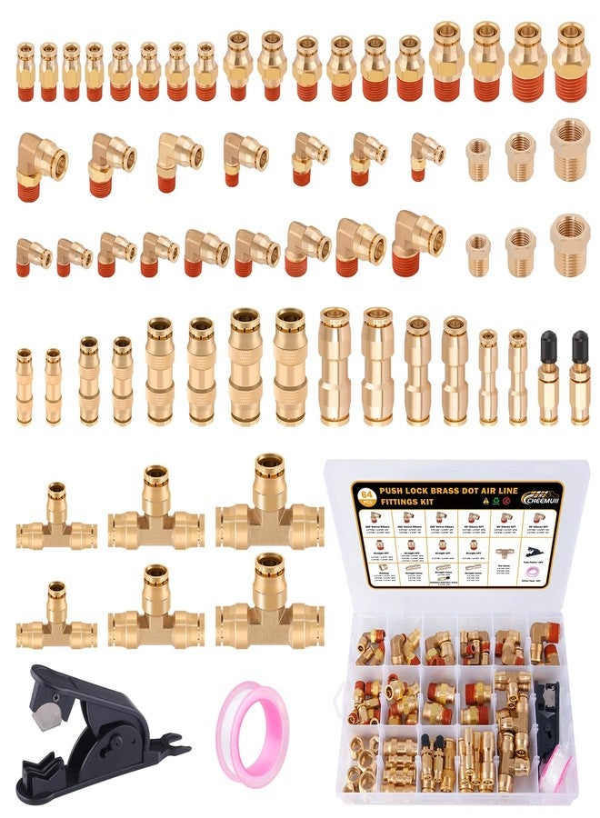 CheeMuii 64 Pcs Brass DOT Air Line Fittings Kit Push Lock & Quick Connect Fittings NPT Thread for Air Line Air Hose Pneumatic Tubing - Image 1