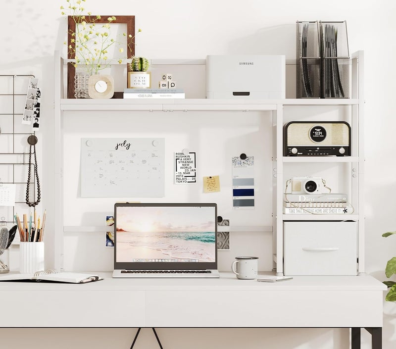 Mexin Desk Shelf with Drawer, 41.3" Desktop Organizer Shelf, Desk Hutch for Computer Monitor Max 32", 3 Tier Desktop Display Rack, Wooden Desk Top Bookshelf Storage Rack for Home Office Dorm, White - Image 4