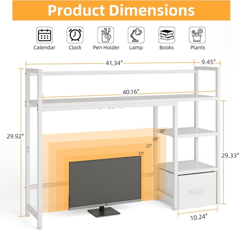 Mexin Desk Shelf with Drawer, 41.3" Desktop Organizer Shelf, Desk Hutch for Computer Monitor Max 32", 3 Tier Desktop Display Rack, Wooden Desk Top Bookshelf Storage Rack for Home Office Dorm, White - Image 2