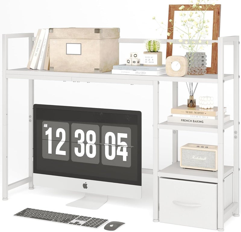 Mexin Desk Shelf with Drawer, 41.3" Desktop Organizer Shelf, Desk Hutch for Computer Monitor Max 32", 3 Tier Desktop Display Rack, Wooden Desk Top Bookshelf Storage Rack for Home Office Dorm, White - Image 1