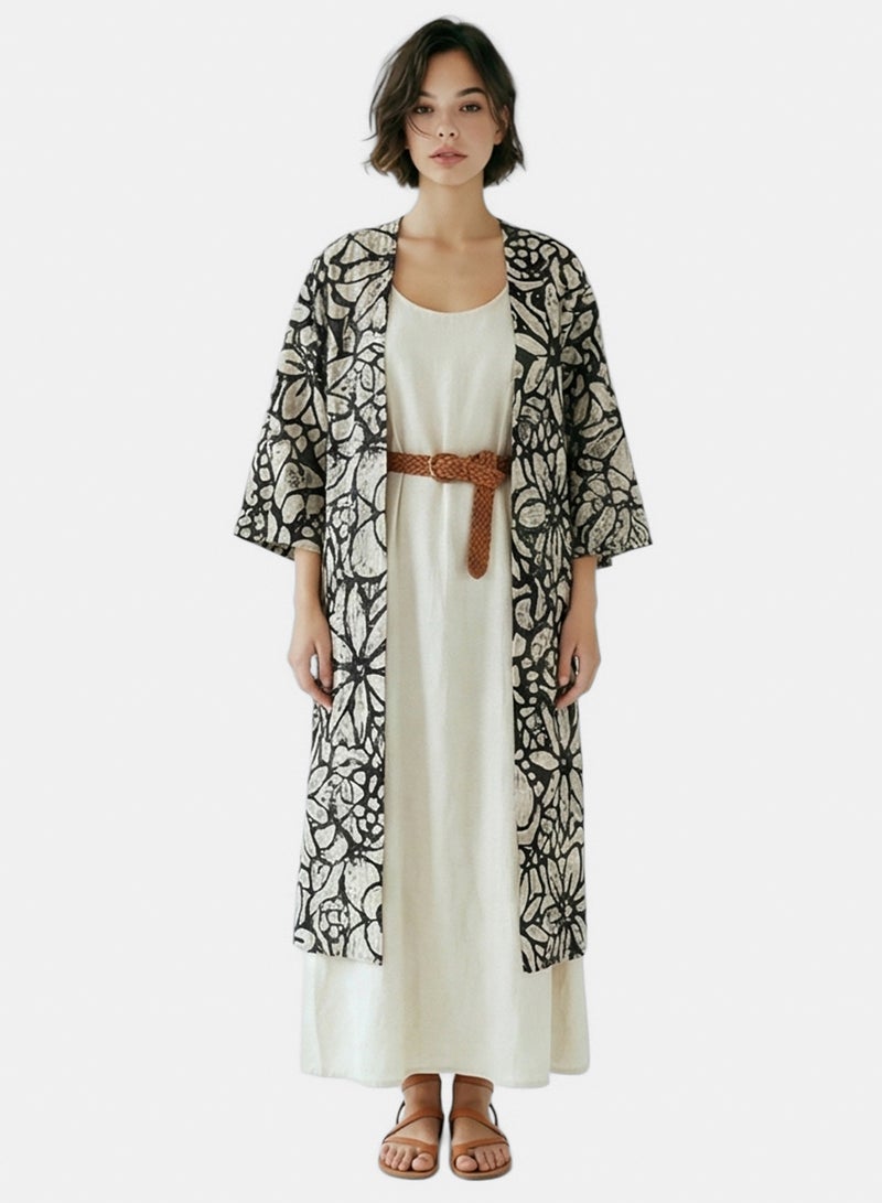 RAVIN Women Floral Print Longline Cardigan In Black & Beige - Image 1