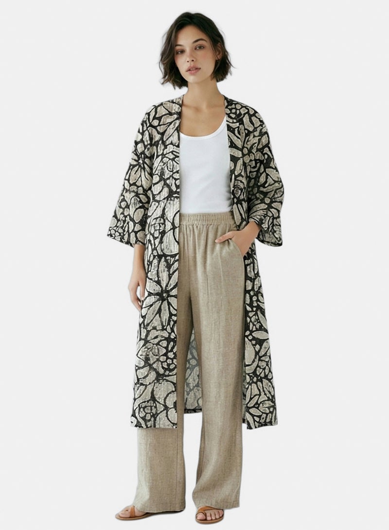 RAVIN Women Floral Print Longline Cardigan In Black & Beige - Image 3