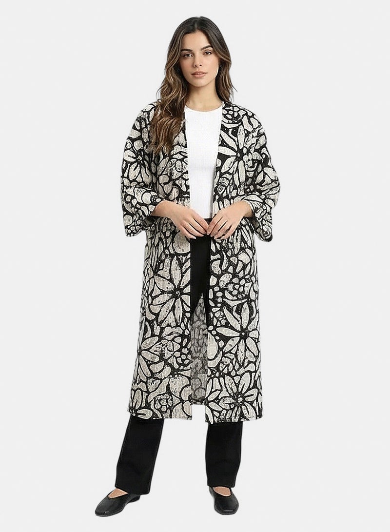 RAVIN Women Floral Print Longline Cardigan In Black & Beige - Image 5