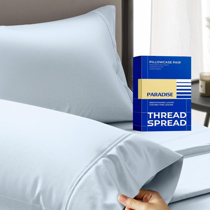 THREAD SPREAD سبريد الخيط 100% قطن مصري أغطية وسائد مقاس كوين مجموعة من 2 - سلسلة الفاخرة 1000 مجموعة الجنة أغطية وسائد كوين (أزرق فاتح)، ناعمة، مبردة، نسيج ساتان فندقي أغطية وسائد قطنية مصرية - Image 1