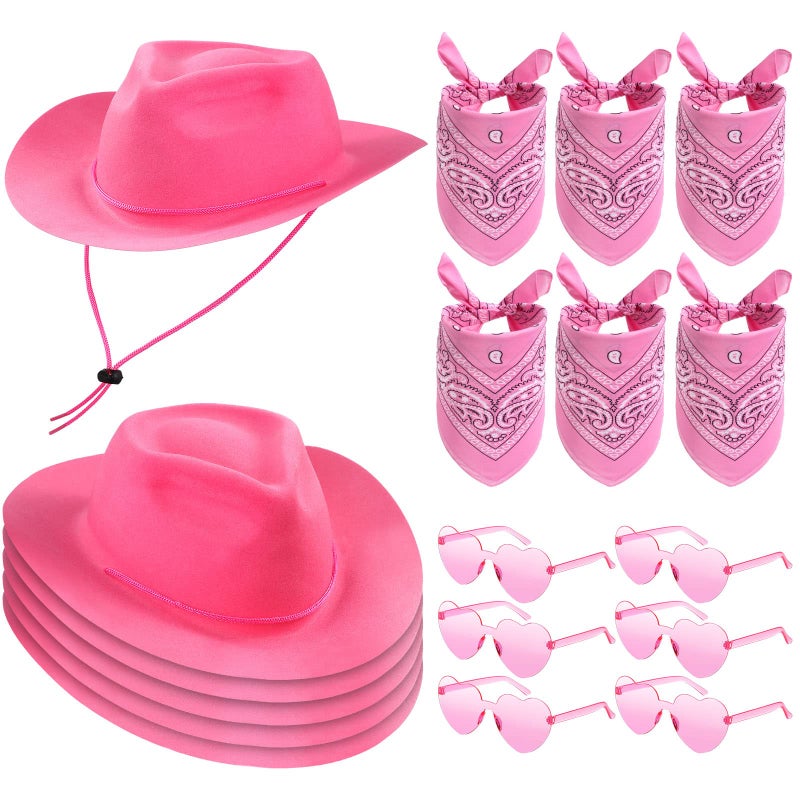 Newcotte 18 Pcs Western Cowboy Hat Set Include 6 Felt Cowgirl Hats 6 Paisley Bandanas 6 Pairs Heart Glasses for Party Costume(Pink) - Image 1