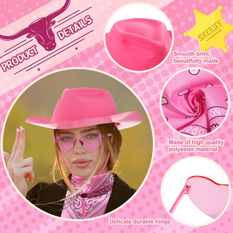 Newcotte 18 Pcs Western Cowboy Hat Set Include 6 Felt Cowgirl Hats 6 Paisley Bandanas 6 Pairs Heart Glasses for Party Costume(Pink) - Image 3