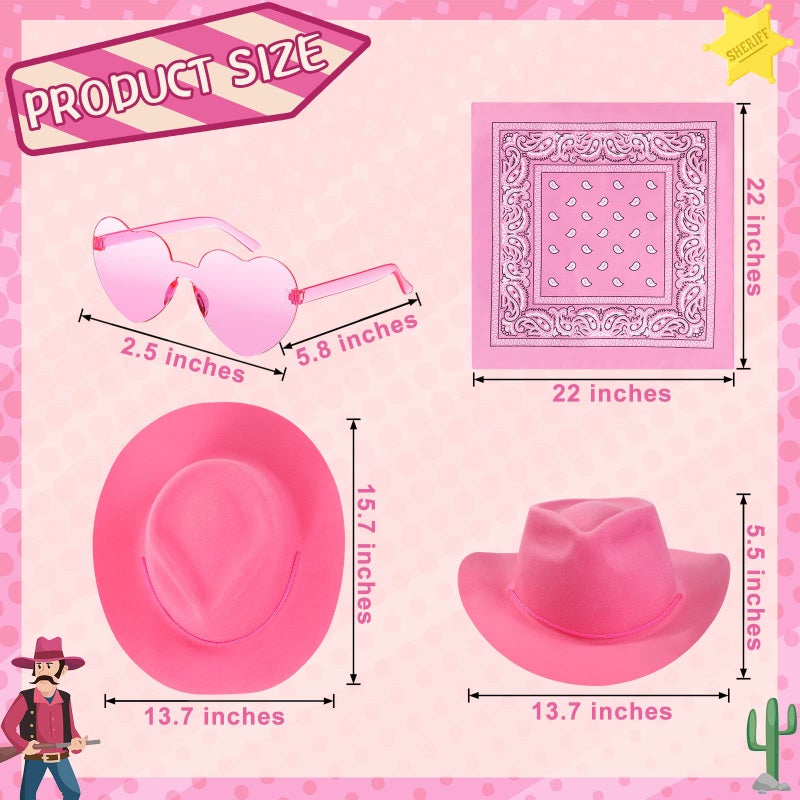 Newcotte 18 Pcs Western Cowboy Hat Set Include 6 Felt Cowgirl Hats 6 Paisley Bandanas 6 Pairs Heart Glasses for Party Costume(Pink) - Image 2
