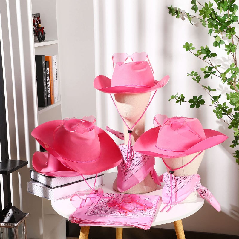 Newcotte 18 Pcs Western Cowboy Hat Set Include 6 Felt Cowgirl Hats 6 Paisley Bandanas 6 Pairs Heart Glasses for Party Costume(Pink) - Image 4