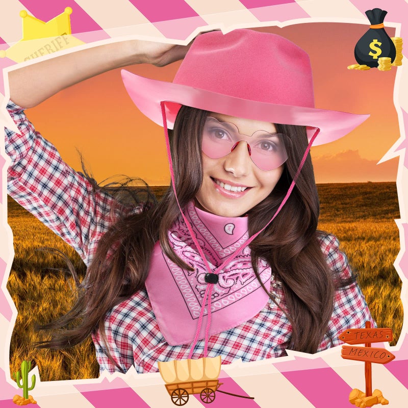 Newcotte 18 Pcs Western Cowboy Hat Set Include 6 Felt Cowgirl Hats 6 Paisley Bandanas 6 Pairs Heart Glasses for Party Costume(Pink) - Image 5