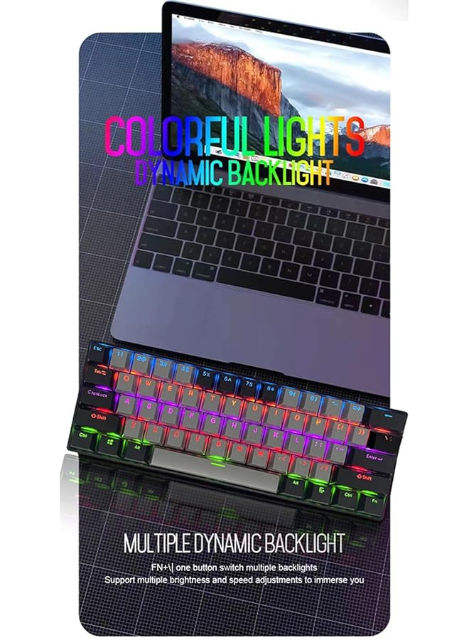 لوحة مفاتيح ألعاب RGB مكونة من 61 مفتاحًا، سلكية صغيرة مقاومة للماء بنسبة 60%، مع لوحة مفاتيح مضادة للظلال وغطاءين للمفاتيح بلونين مع مفتاح أحمر للاعبي الألعاب (رمادي غامق وأسود) - Image 2