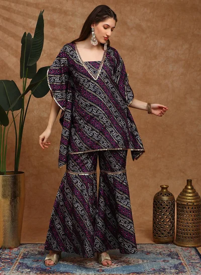 globus Globus Women Navy Blue Bandhani Ethnic Gold Foil Print V-Neck Kimono Sleeves Coin Detail Tunic & Sharara Festive Co-Ord Set
