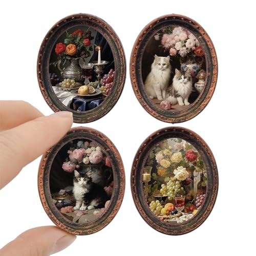 iLAND Miniature Dollhouse Accessories 4 Dollhouse Picture Frames Set wPrinted Paintings 4 Dark Brass Oval Frames w 4 Pictures - Image 1
