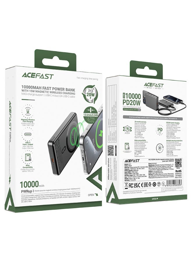 ACEFAST Power Bank 10000mAh Magnetic wireless fast charging PD20W , USB-C input & output, LED indicator of wireless charging, Ultra-thin power bank (M12) - Black - Image 2