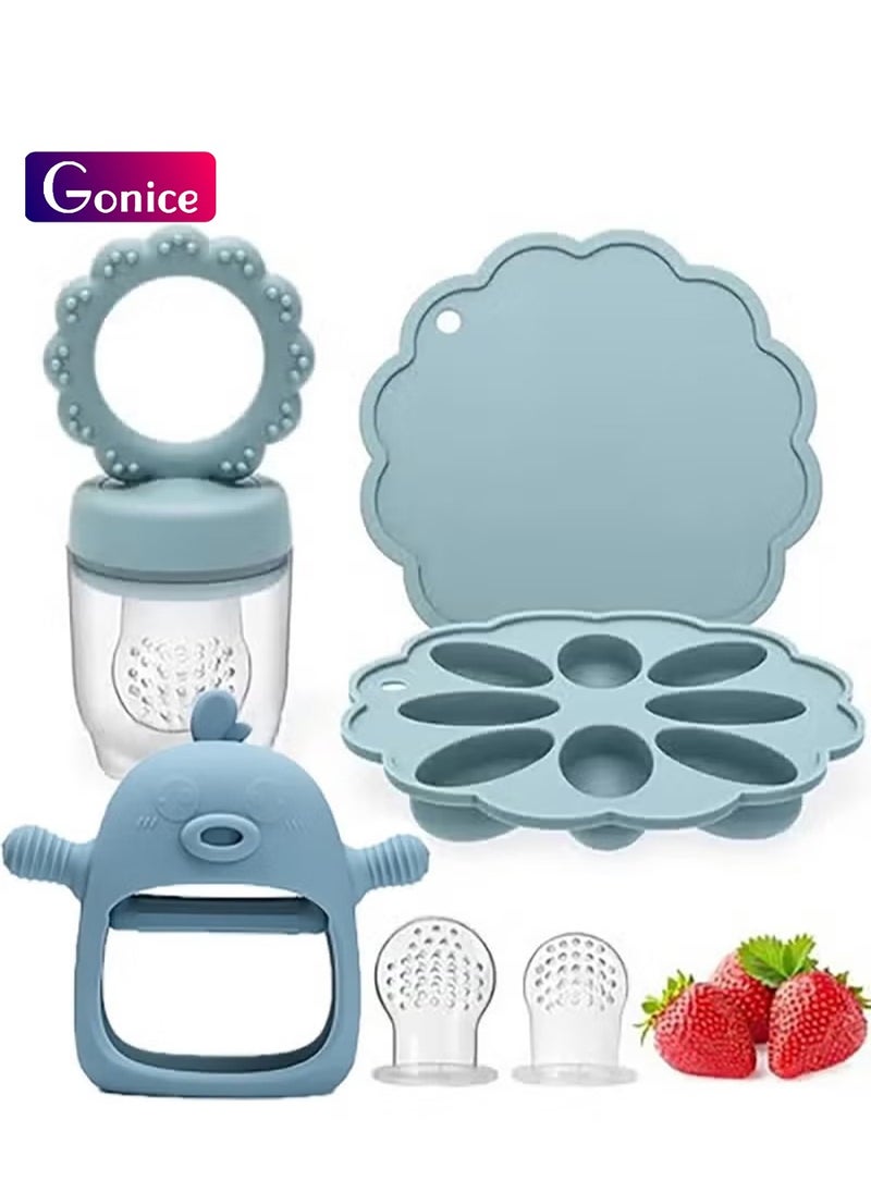 Gonice Baby Fruit Food Feeder & Freezer Tray And Silicone Teether, Includes 2 Ex tra Pouches & Travel Lids  - Image 1