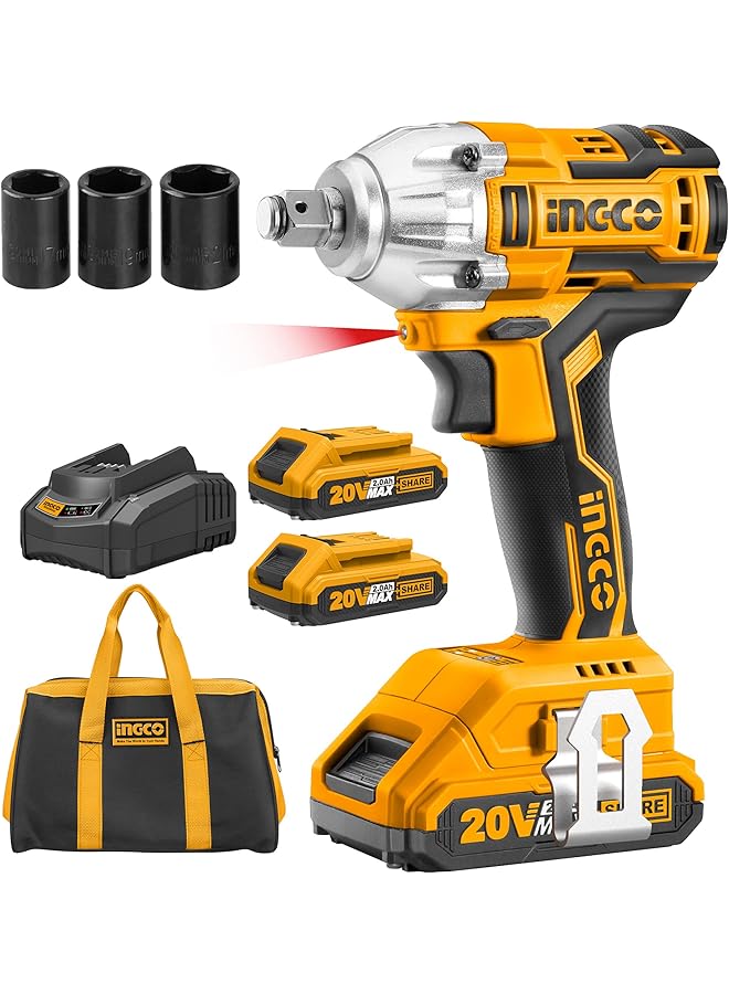 INGCO 20V Cordless Impact Wrench Set, 1/2 Inch Brushless Impact Wrench With 2Pcs Batteries 1Pc Hour Fast Charger 3Pcs Sockets 1Pc Bag Ciwli2001A - Image 1