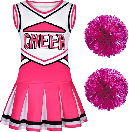 Costumerry Cheerleader Costume for Girls Cheerleading Outfit with Pom Poms Halloween Dress Up Party (Pink, 9-10 Years) - Image 5