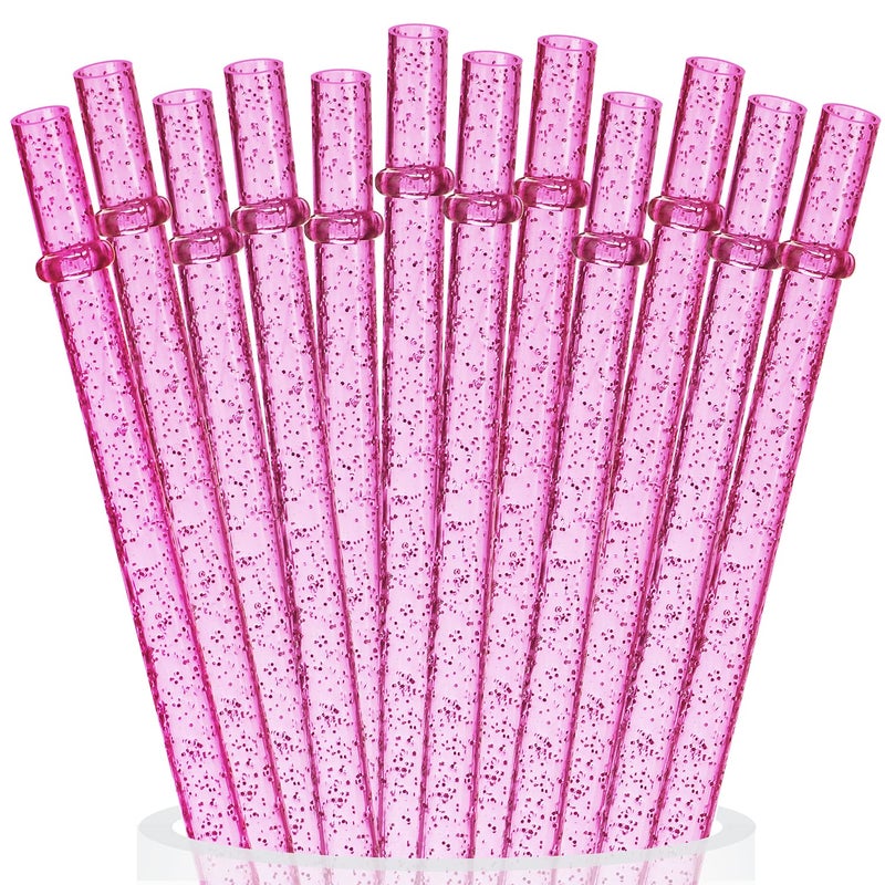 ALINK 12PCS Reusable Clear Pink Glitter Straws 11 Long Hard Plastic Tumbler Drinking Straws with Cleaning Brush